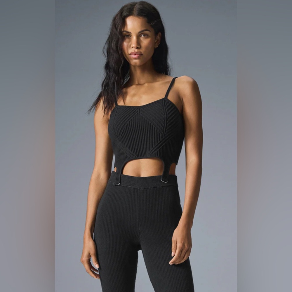 ALO Yoga Denim Knit High-Waist Flare Pant, size XS. Black/Anthracite.